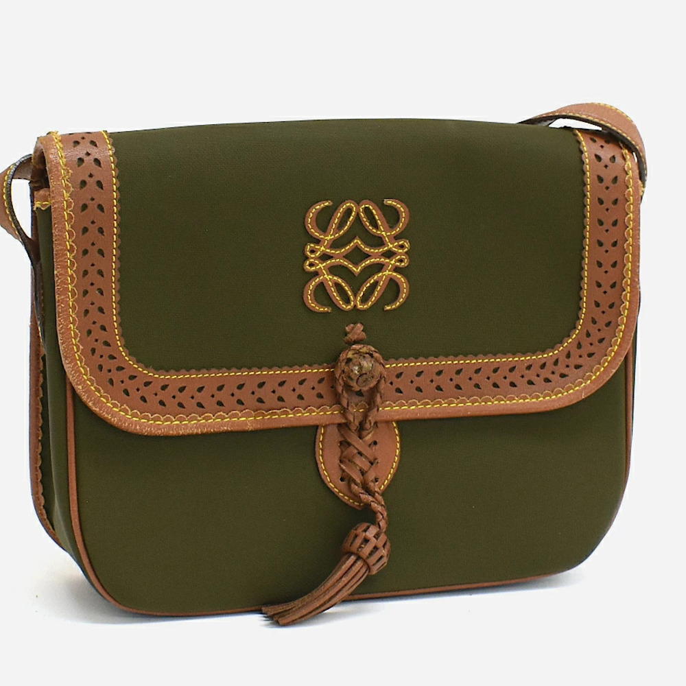 Loewe Arboles de Espana Shoulder Bag Canvas Leather Moss Green Brown